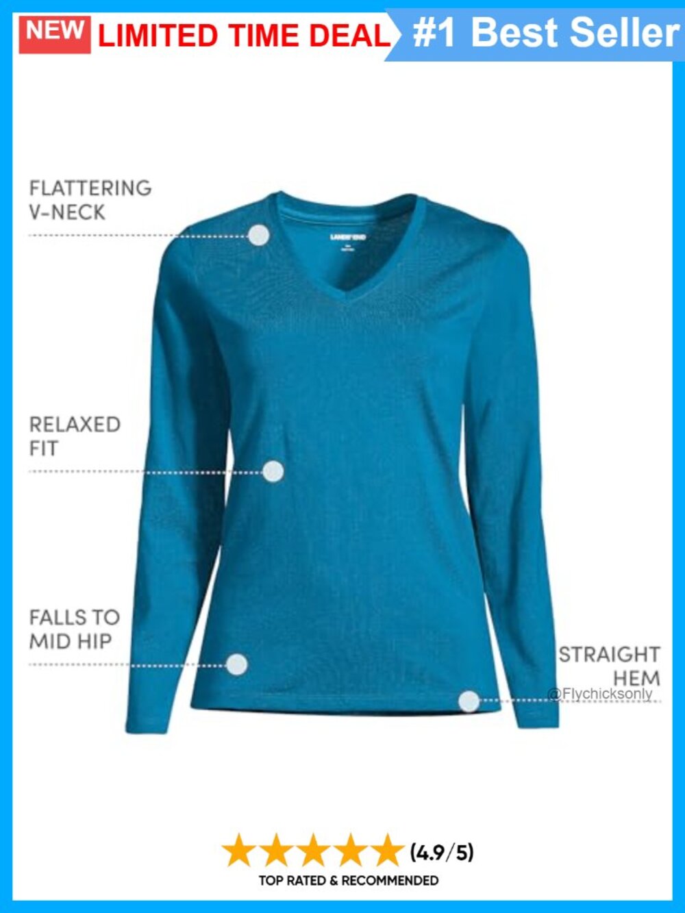 Supima Cotton Long Sleeve V-Neck Tee Relaxed Fit Tagless - Picture 2 of 4
